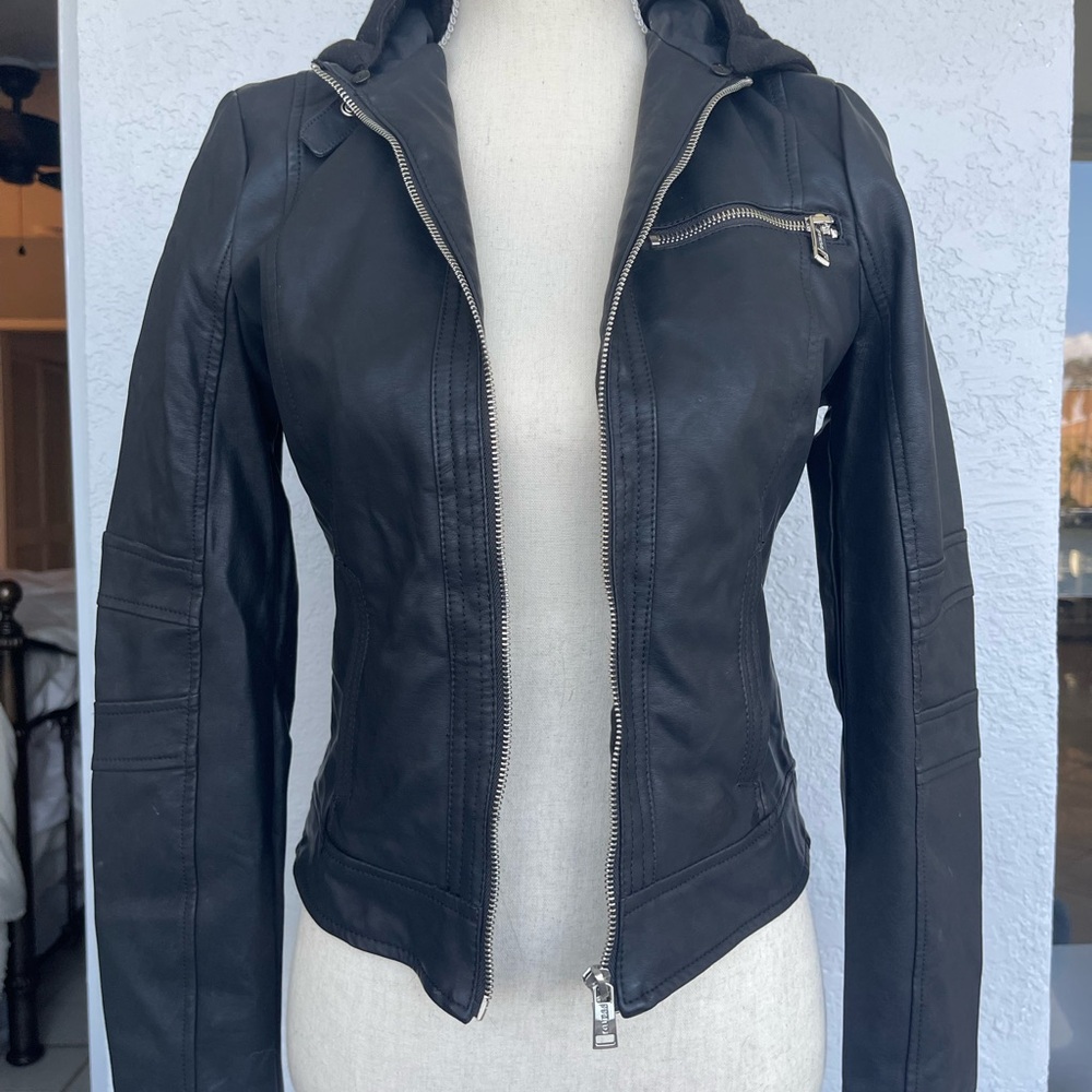 NWT Guess Black Faux-Leather Moto Jacket with Detachable Hood